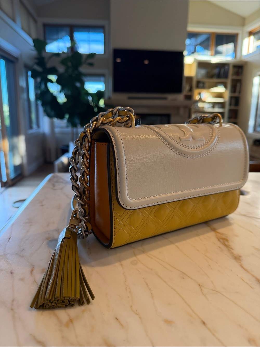 Tory Burch Cream and Yellow Fleming Shoulder/Crossbody Bag